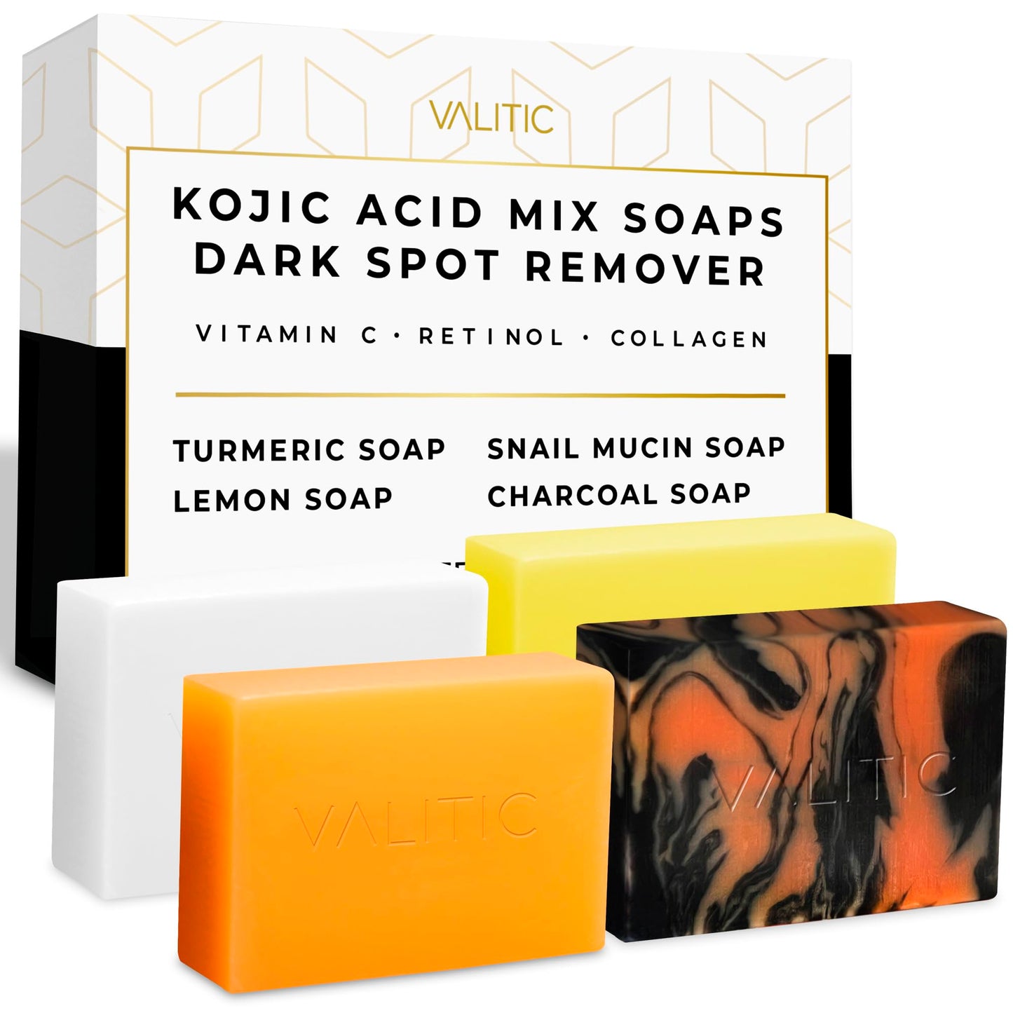 VALITIC Kojic Acid Soap Bars - Turmeric Snail Mucin Charcoal and Lemon - 4 Assorted Dark Spot Remover Soaps with Hyaluronic Acid Vitamin C Vitamin E and Shea Butter